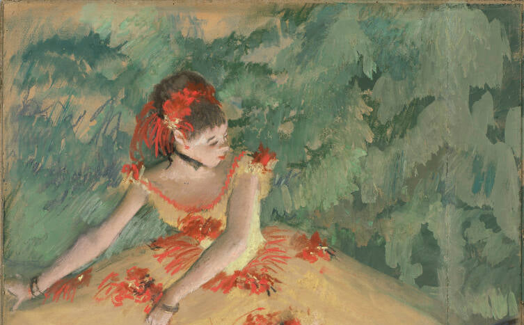 Painting of a ballerina in a yellow and red dress against a green background